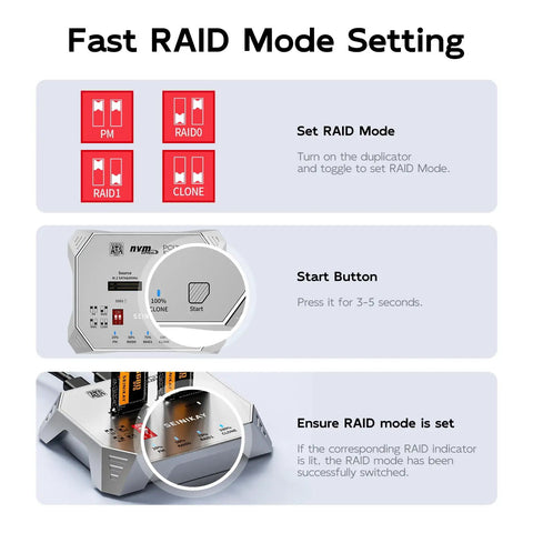 Fast RAID mode setting guide for Dead Simple Dual Bay M.2 Nvme Sata Raid Enclosure Clone Dock featuring buttons and instructions.