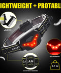Rechargeable LED Headlamp 1200 Lumen Beast Bright Flashlight With 270 Degree Wide Beam Red Taillight 8 Modes Lightweight Waterproof Head Lamp with adjustable headband, side view