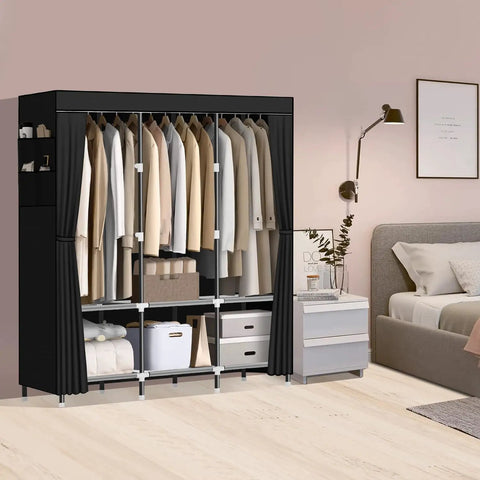 Built Tough Portable Wardrobe Closet For Bedroom With 19mm Steel Pipe Frame, Black And Sturdy Organizer With 3 Hanging Rods, 6 Storage Shelves