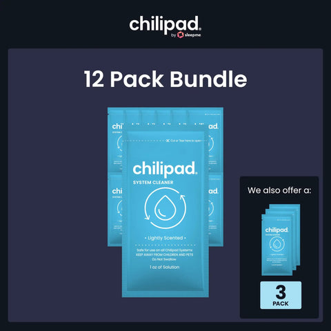 ChiliPad Sleep System Cleaner 1 Ounce Bottle 3 Pack and 12 Pack for deep cleaning and regular maintenance bundles showcased.