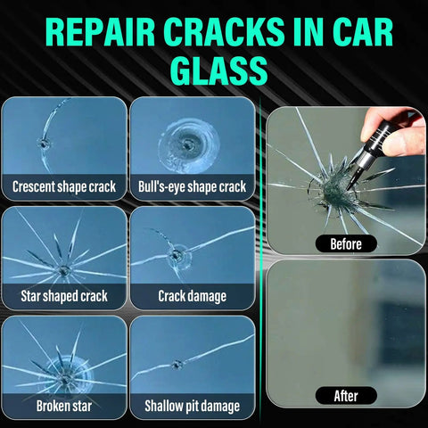 Windshield Crack Repair Kit 2 Pack With Glass Repair Liquid For Quick Fix Of Cracks On Windshields Windows And Mirrors 50ml Budget Friendly Auto Glass Repair Gel To Restore Strength And Clarity Fast image showing types of cracks and repair stages.