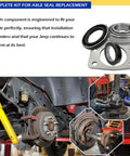 2 Piece Axle Bearing And Seal Kit With Drum Brake For Jeep Wrangler Wagoneer CJ TJ XJ J10 Dana 44 Rear 1997 Through 2006 Replacement OEM Style Premium Aftermarket Parts displayed with installation diagrams.