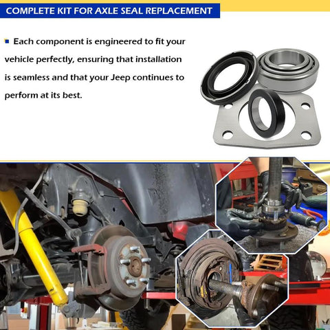 2 Piece Axle Bearing And Seal Kit With Drum Brake For Jeep Wrangler Wagoneer CJ TJ XJ J10 Dana 44 Rear 1997 Through 2006 Replacement OEM Style Premium Aftermarket Parts displayed with installation diagrams.
