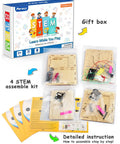 Four Model STEM Kit Set For Kids Ages 8 13 Hands On Science Toys showing box and components for coin bank, lock case, music box.