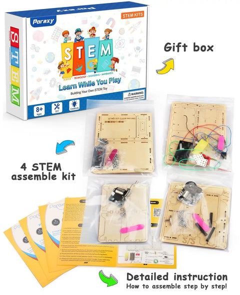 Four Model STEM Kit Set For Kids Ages 8 13 Hands On Science Toys showing box and components for coin bank, lock case, music box.