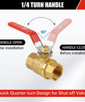 2 Pack Brass 1/2 Inch Full Port Ball Valve With Red Vinyl Handle NPT Female To Female 150 PSI showing 1/4 turn handle design