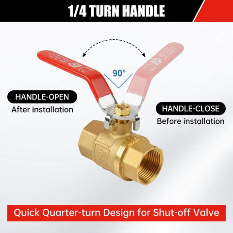Five Pack Brass Three Quarter Inch Full Port Ball Valves With Red Vinyl Handle NPT Female To Female Thread 150 PSI WSP And 600 WOG Durable Plumbing Fittings For DIY And Pro Jobs showing open and closed handle position