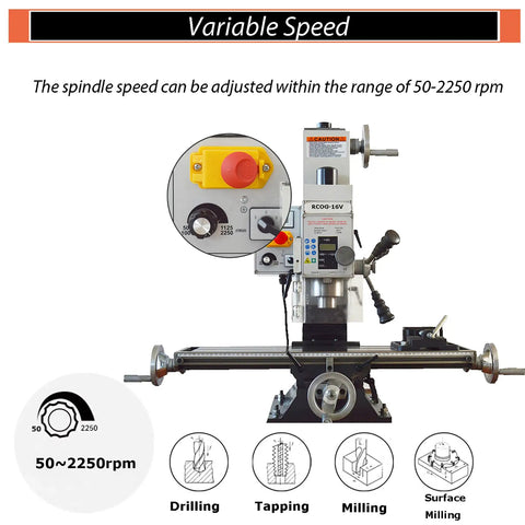 Real Deal 5.5 By 20 Inch Benchtop Mill Drill Press Featuring Hardcore 600W Brushless Spindle with variable speed control from 50 to 2250 RPM.