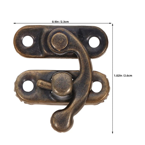 Vintage Swing Arm Latch Set In Antique Brass With Decorative Horn Lock Replacement Hardware for jewelry boxes, view with dimensions