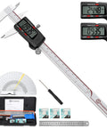 8 Inch Digital Caliper With Large LCD Screen, Stainless Steel Vernier Caliper For Inch And Millimeter, Four Measuring Modes shown with accessories