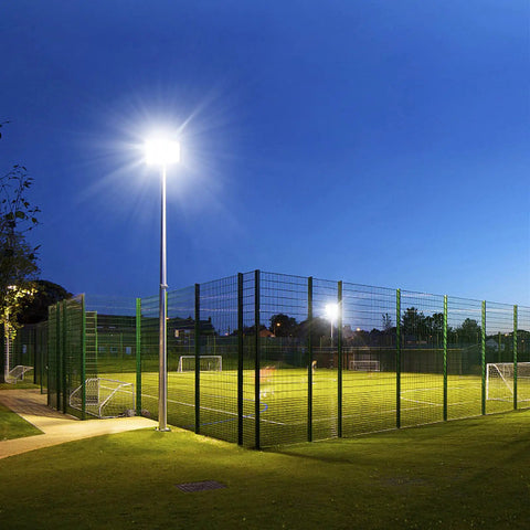 150W Outdoor LED Flood Light With Plug illuminating a sports field at night with ultra bright 18000lm, IP66 waterproof for stadium lighting
