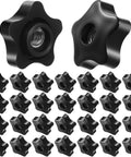 Black Plastic Head Through Knob Set With Brass Insert 3/8-16 Female Thread Star Nut Style Clamping Knobs 30 Pcs For Heavy Duty Fastening Easy DIY Assembly And Secure Bolt Clamps, black plastic star knob