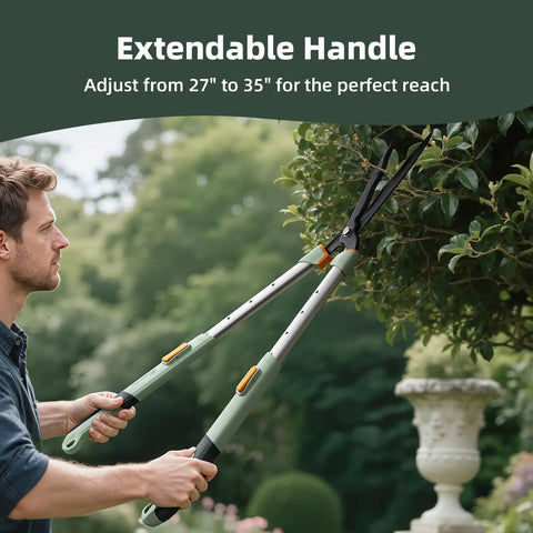 Man using Extendable Hedge Shears With No Ladder Needed 27 To 35 Inch Reach Wavy Stainless Steel Blades Teflon Coated for trimming