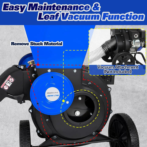 Gas Powered Wood Chipper Shredder Beast 7.5 HP 224cc Dual Function with maintenance and leaf vacuum function diagram.