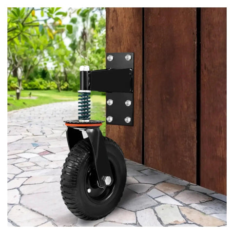 Heavy Duty Spring Loaded Caster Wheels 600 Pound Gate Rollers For Metal Tubing, black rubber wheel mounted on wooden gate.