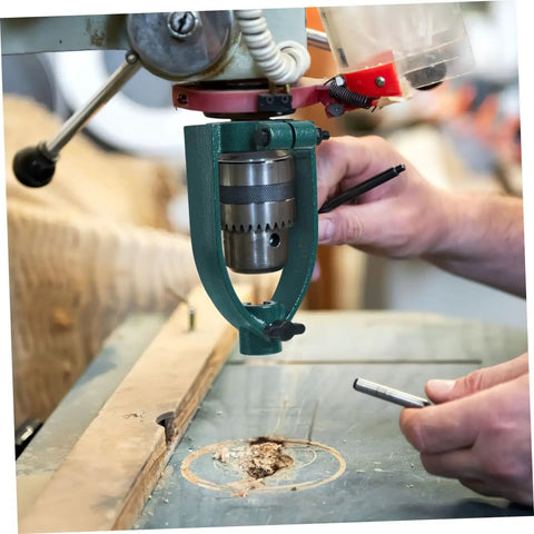 40mm Drill Sleeve Bench Drill Attachment Converter for Woodworking Mortiser and Chisel Setup in action on a workbench