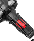 Auto-Feed Handheld Drain Auger With 25 Ft Replaceable Cable, close-up of red auto-feed control on black handle