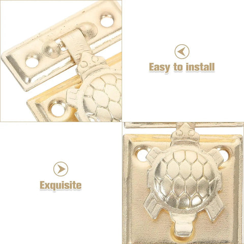 Close-up of gold Two-Pack Heavy Duty Jewelry Box Latch with Decorative Turtle Lock Buckle, showcasing iron hardware and easy installation.
