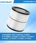 Vacuum Cartridge Filter Replacement For Dry Debris Fits 6 8 12 16 Gallon Shop Vac With Washable Pleated Paper Filter DIY Friendly Easy To Install Replaces 9-17920 9-17921 9-17922 9-17923 9-17929 9-17935 9-17937 17884 image showing compatibility with Craftman models on blue background.