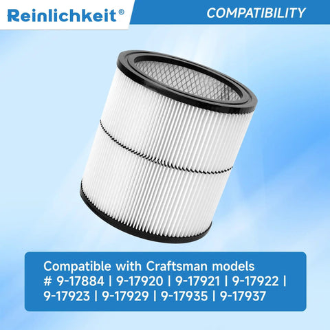 Vacuum Cartridge Filter Replacement For Dry Debris Fits 6 8 12 16 Gallon Shop Vac With Washable Pleated Paper Filter DIY Friendly Easy To Install Replaces 9-17920 9-17921 9-17922 9-17923 9-17929 9-17935 9-17937 17884 image showing compatibility with Craftman models on blue background.