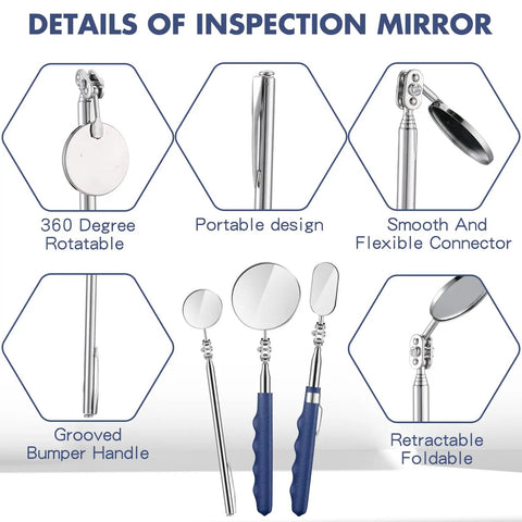 Three Piece Telescoping Inspection Mirror Set With 50mm 25mm And 30mm Heads Round And Oval Mirrors Extendable Handle Handy For Tight Spaces DIY Auto Home Tool Kit Must Have, stainless steel