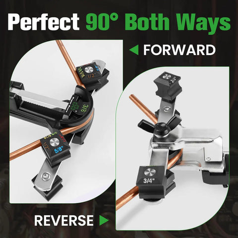 Tubing Bender Kit 1/4 In To 7/8 In Ratchet Copper Pipe Bender Tool Set shown with forward and reverse 90 degree bends.