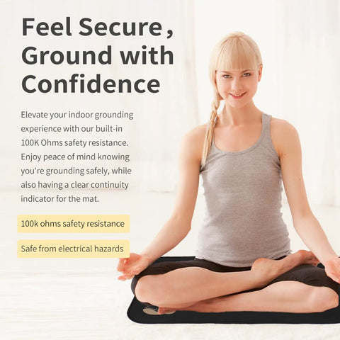 Person sitting on grounding mat, promoting Grounding Mats 24x16 Inches 2 Pack For Grounding Therapy And Sleep Support, safety resistance feature.