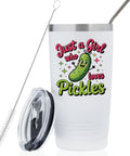 Pickle Girl Vibes 20 Oz Insulated Stainless Steel Travel Tumbler With Secure Lid showing playful pickle graphic and cleaning straw.
