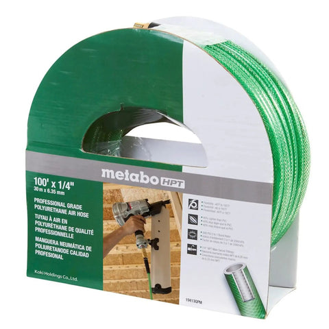 Pro Grade One Quarter Inch By One Hundred Foot Polyurethane Air Hose 300 PSI packaging with green spiral design