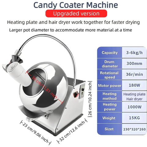 Heavy Duty Commercial Sugar Coating Machine And Mini Chocolate Panner For Candy Nut Coating with upgraded heating dryer.