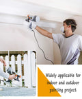 Man using HVLP Electric Spray Paint Gun With 1200ML Tank on indoor ceiling; inset shows same gun used on outdoor fence