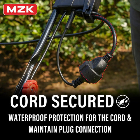 Close-up of cord connection on 15-Inch 2-In-1 Electric Dethatcher And Scarifier with waterproof protection in a garden setting.