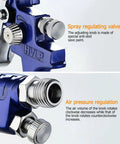 Lightweight Aluminum Pneumatic Paint Sprayer With Mixing Cup For Vehicles And Home Projects showing spray regulating valve and air pressure knob.