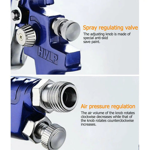 Close-up of Lightweight Aluminum HVLP Paint Sprayer Gun With 0.8 Mm Nozzle and Built In Mix Cup, featuring spray regulating valve and air pressure adjustment.