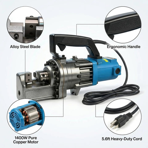 Heavy Duty Portable Electric Hydraulic Rebar Cutter With Cr12MoV Blade Cuts 5 32 Inch To 7 8 Inch Deformed Steel Bar showing alloy steel blade and ergonomic handle.