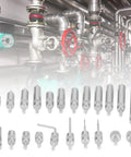 Threaded Point Tip Set For Dial Indicators, 22Pcs Carbide Probe End Tips With Storage Case, laid out in front of industrial pipes