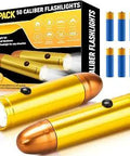Roadside Emergency Kit For Cars Premium Multipurpose Bag With Battery Jumper Cables Durable 50 Caliber LED Tactical Flashlights 2 Pack Essential Car Safety Gear For Night Drives featuring two gold bullet-shaped flashlights with packaging and batteries.