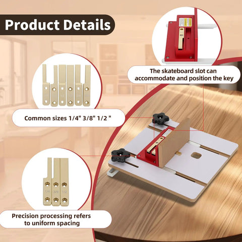 Router Table Box Joint Jig With Brass Indexing Keys Three Sizes 1/4, 3/8, 1/2 displayed on table