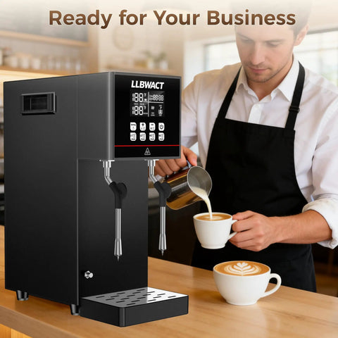 Beast Mode Dual Head Commercial Steam Milk Frother Driving Twin Independent Wands For Lightning Fast Microfoam and Crushing Peak Heavy Coffee Shop Rush Hours in use pouring microfoam.