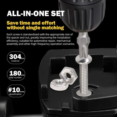 Close-up of Ultimate 180-Piece Stainless Steel Bolt and Screw Combo Kit showing #10 Phillips round head screw with nut and washer.