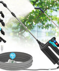 Cordless Garden Sprayer Wand With Telescopic 32 Inch Reach, Three Adjustable Speeds, Battery Indicator, 26.2 Ft Hose, Seven Point Four Volt Rechargeable Water Sprayer With Four Nozzles And Built In Filter including accessories on display