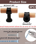 Diagram of Six Pack Natural Beech Wood Drawer Knobs With Black Base T Bar Cabinet Pulls For Wardrobes And Dressers, showing dimensions and screws.