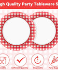 100 Count 7 Inch Red And White Checkered Paper Plates For Parties, two plates shown on checkered background, disposable tableware.