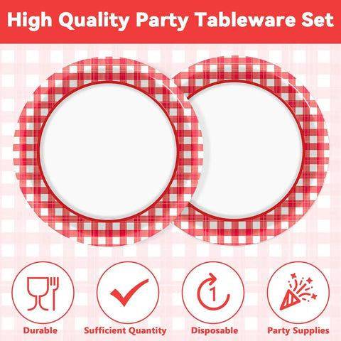 100 Count 7 Inch Red And White Checkered Paper Plates For Parties, two plates shown on checkered background, disposable tableware.