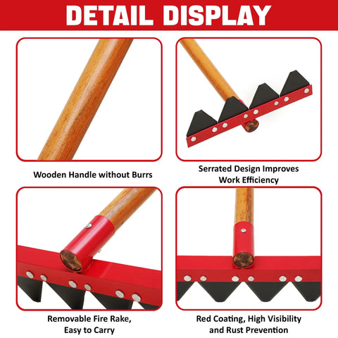 Built Tough Fire Rake With 55 Inch Wood Handle For Wildland Firefighting And Garden Cleanup, displays durable red serrated head.