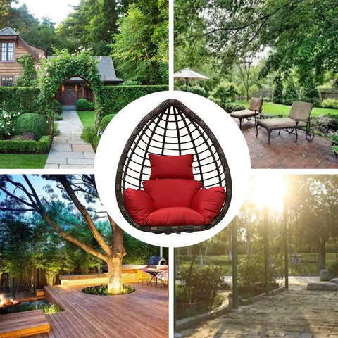 Comfy Egg Chair Cushion Replacement For Hanging Egg Chair Outdoor Swing With Headrest; red cushions in scenic garden settings