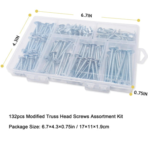 Top Shelf Number Eight Modified Truss Head Wood Screws Assortment Kit Featuring 132 Rock Solid Pieces in a clear storage box.