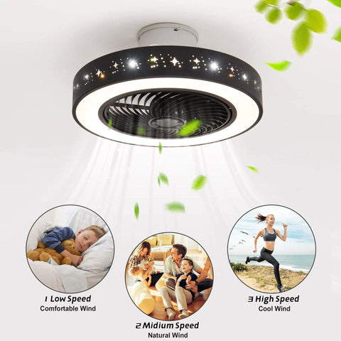 20 Inch Flush Mount Ceiling Fan With Lights And Remote App Control, black fan with LED lights and speed options
