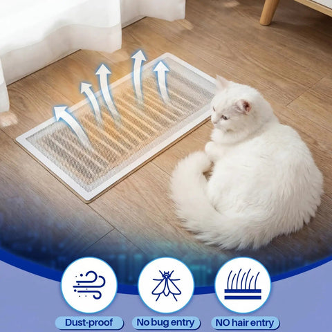DIY PC Case Dust Filter Kit 39.37 x 11.81 Inches With 0.5 mm High Airflow Holes next to a white cat on wooden floor