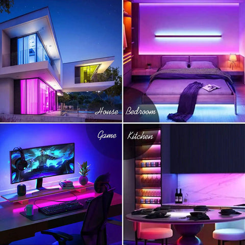 Modern house, bedroom, gaming setup, and kitchen illuminated with 100ft LED Strip Lights For Bedroom And Living Room With App Control And Music Sync RGB Color Changing LEDs Remote For Party Vibe And Chill Mood Decor Two 50ft Rolls Included.